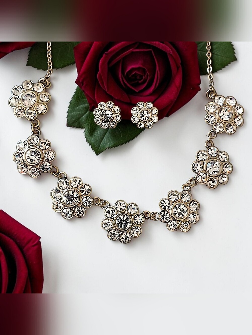 Avon Crystal Flower Station Necklace Stud Earrings Gold Tone Set Sparkling Clear
